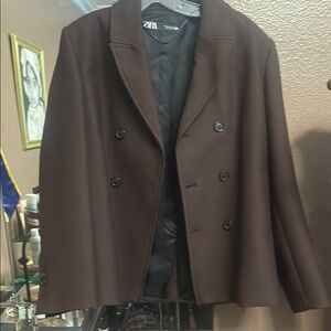Zara Brown Pea Coat Double-Breasted Wool part of set